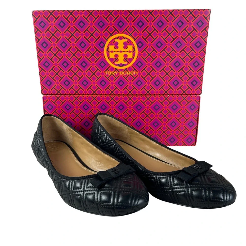 Tory Burch Marion Quilted Ballet Flats Black Nappa Leather Bow 9.5M 43080